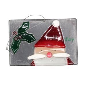 Fused Glass Santa Holly Day Ornament 3 1/2 in Handmade Christmas Decor Vintage